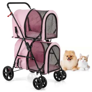 Dog Stroller with 2 Detachable Carrier Bags, Travel Carrier for Small Medium Cats Dogs Puppies, Foldable Stroller with Storage Pocket, Lockable Wheels Pet Backpack with Safety Belt, Light Pink