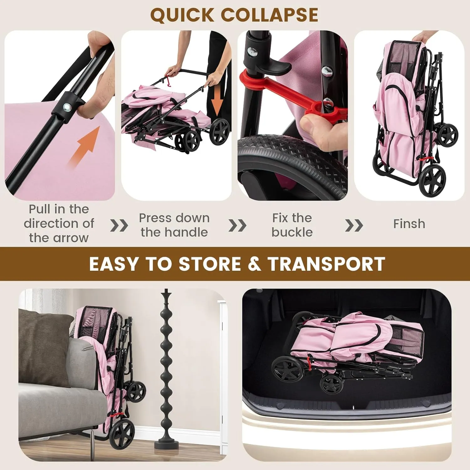 Dog Stroller with 2 Detachable Carrier Bags, Travel Carrier for Small Medium Cats Dogs Puppies, Foldable Stroller with Storage Pocket, Lockable Wheels Pet Backpack with Safety Belt, Light Pink
