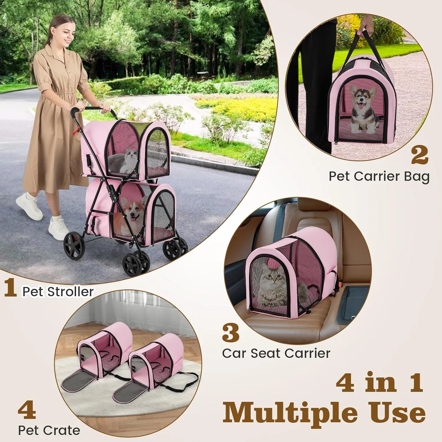 Dog Stroller with 2 Detachable Carrier Bags, Travel Carrier for Small Medium Cats Dogs Puppies, Foldable Stroller with Storage Pocket, Lockable Wheels Pet Backpack with Safety Belt, Light Pink