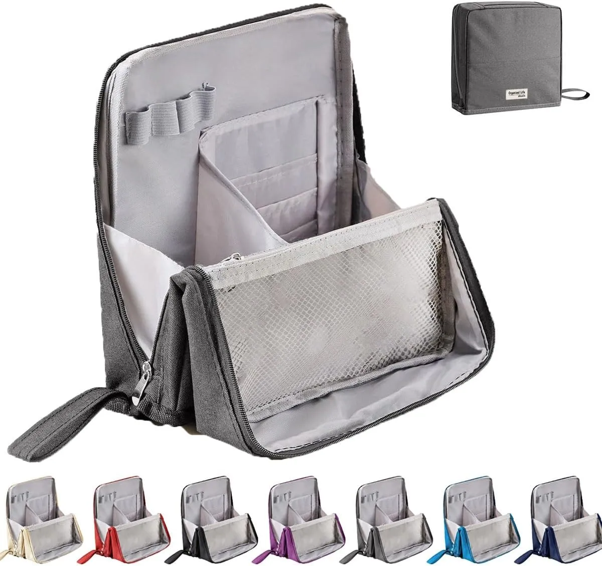 Doresty Makeup Bag, Standing Makeup Bag – Portable, Large Capacity, Oxford Cloth Standing Multifunctional Make up Bags Waterproof with Compartments Toiletry Storage Bag for Girls Women(Gray)