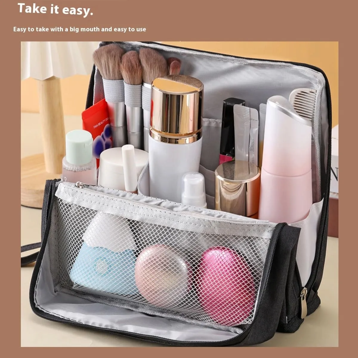 Doresty Makeup Bag, Standing Makeup Bag – Portable, Large Capacity, Oxford Cloth Standing Multifunctional Make up Bags Waterproof with Compartments Toiletry Storage Bag for Girls Women(Gray)