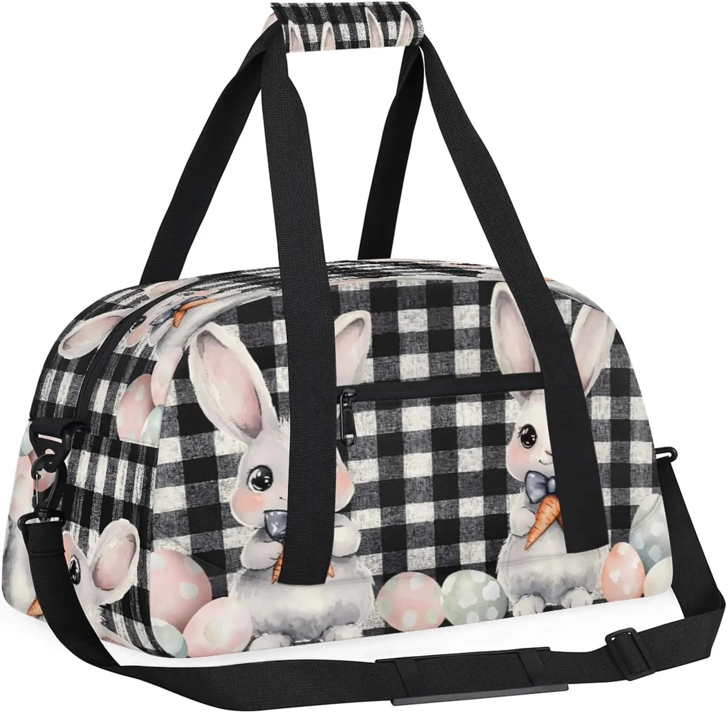 Easter Bunny Black And White Checkered Small Gym Bag 18 inch Carry On Duffel Bag for Weekender Travel Sports Workout Yoga Gymnastics Dance Ballet