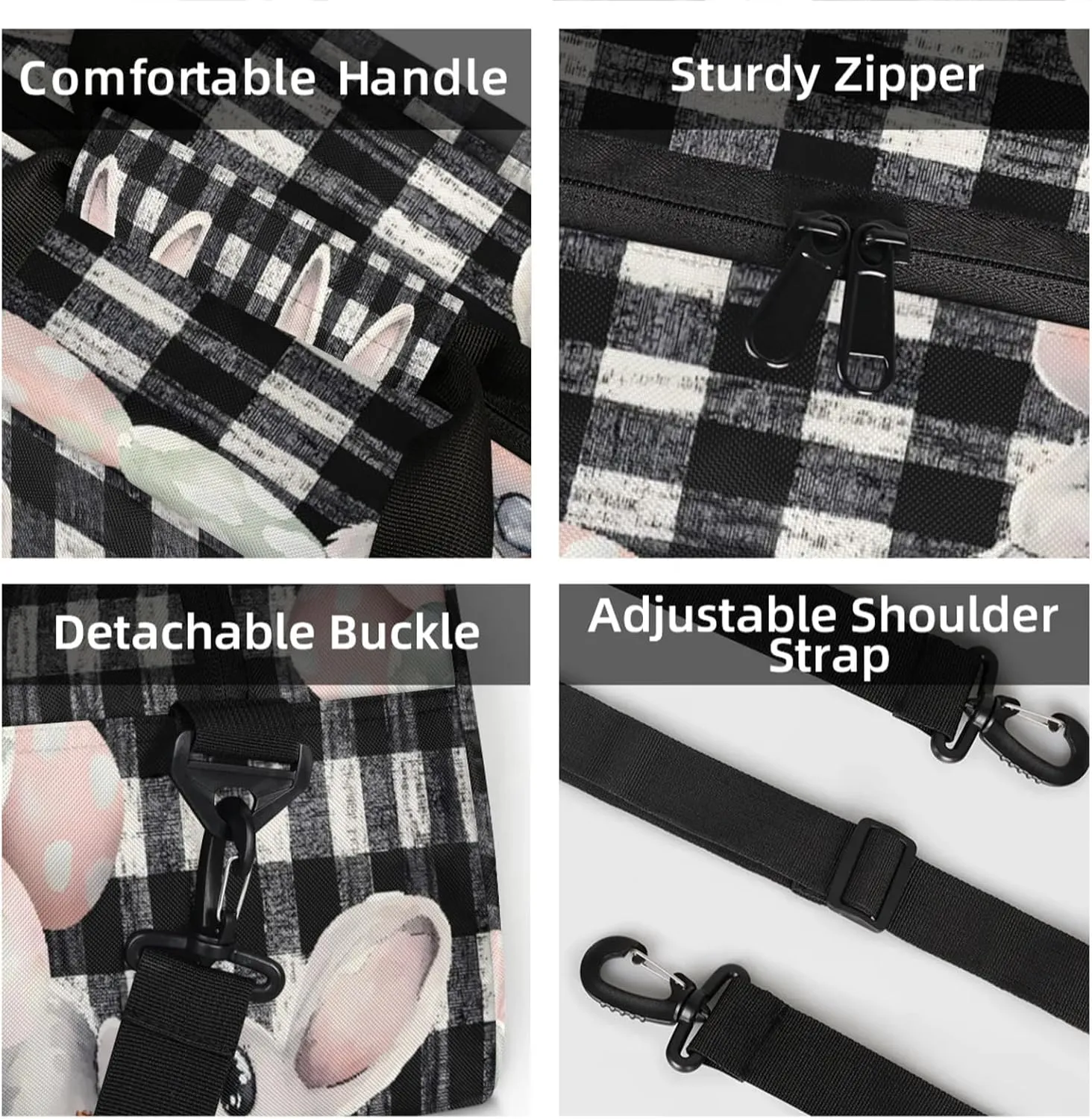Easter Bunny Black And White Checkered Small Gym Bag 18 inch Carry On Duffel Bag for Weekender Travel Sports Workout Yoga Gymnastics Dance Ballet