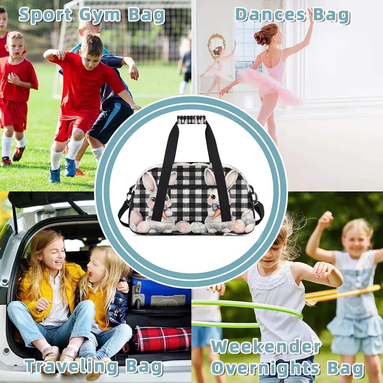 Easter Bunny Black And White Checkered Small Gym Bag 18 inch Carry On Duffel Bag for Weekender Travel Sports Workout Yoga Gymnastics Dance Ballet