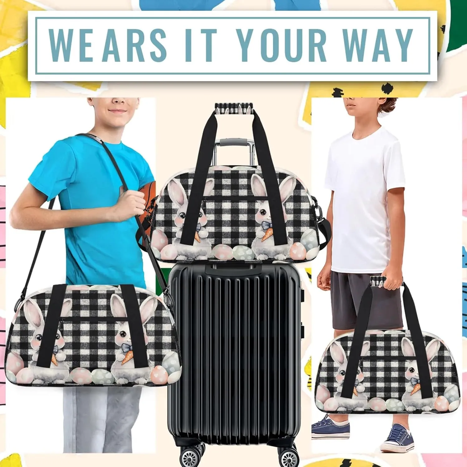 Easter Bunny Black And White Checkered Small Gym Bag 18 inch Carry On Duffel Bag for Weekender Travel Sports Workout Yoga Gymnastics Dance Ballet