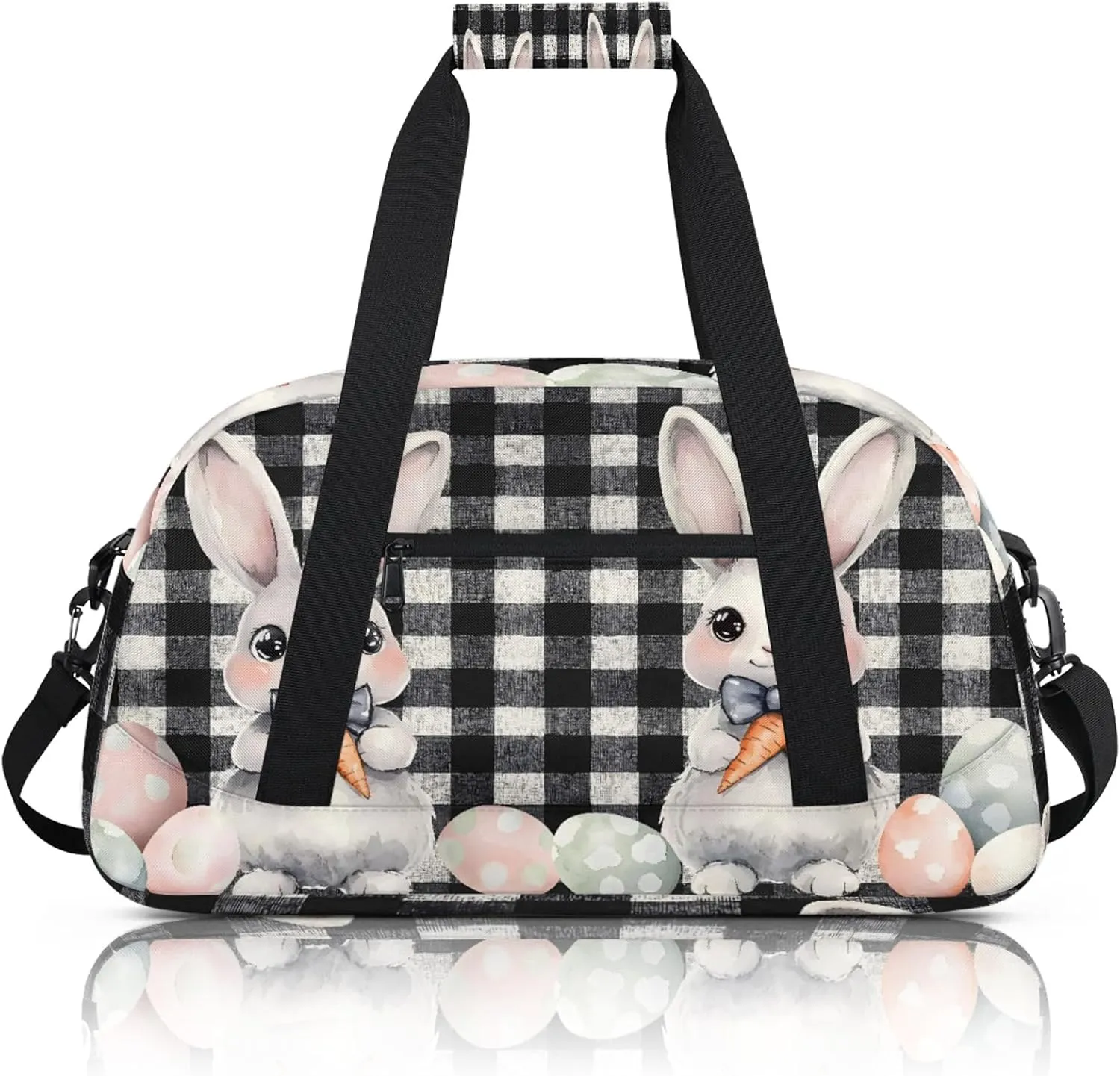 Easter Bunny Black And White Checkered Small Gym Bag 18 inch Carry On Duffel Bag for Weekender Travel Sports Workout Yoga Gymnastics Dance Ballet