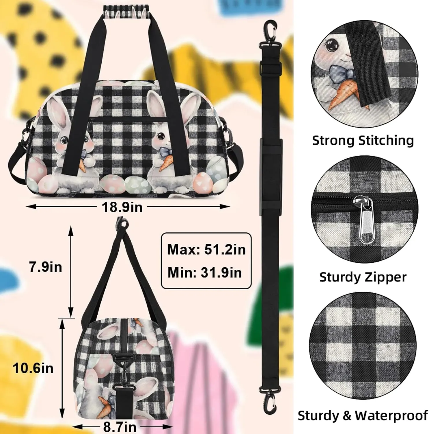 Easter Bunny Black And White Checkered Small Gym Bag 18 inch Carry On Duffel Bag for Weekender Travel Sports Workout Yoga Gymnastics Dance Ballet