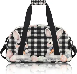 Easter Bunny Black And White Checkered Small Gym Bag 18 inch Carry On Duffel Bag for Weekender Travel Sports Workout Yoga Gymnastics Dance Ballet