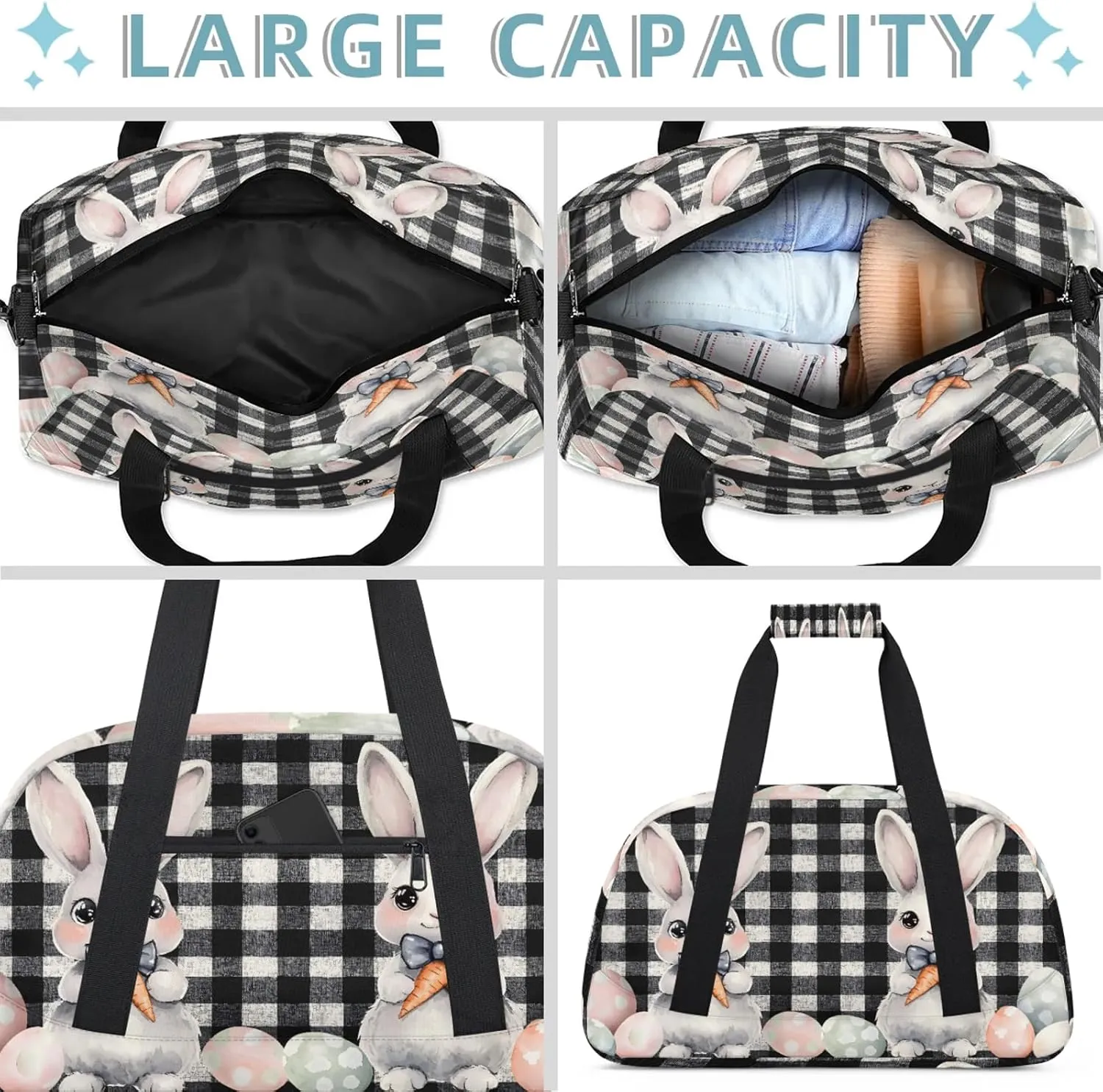 Easter Bunny Black And White Checkered Small Gym Bag 18 inch Carry On Duffel Bag for Weekender Travel Sports Workout Yoga Gymnastics Dance Ballet