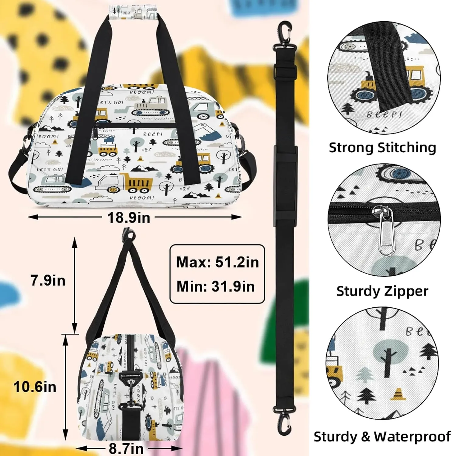 Engineering Vehicles Excavator Small Gym Bag 18 inch Carry On Duffel Bag for Weekender Travel Sports Workout Yoga Gymnastics Dance Ballet