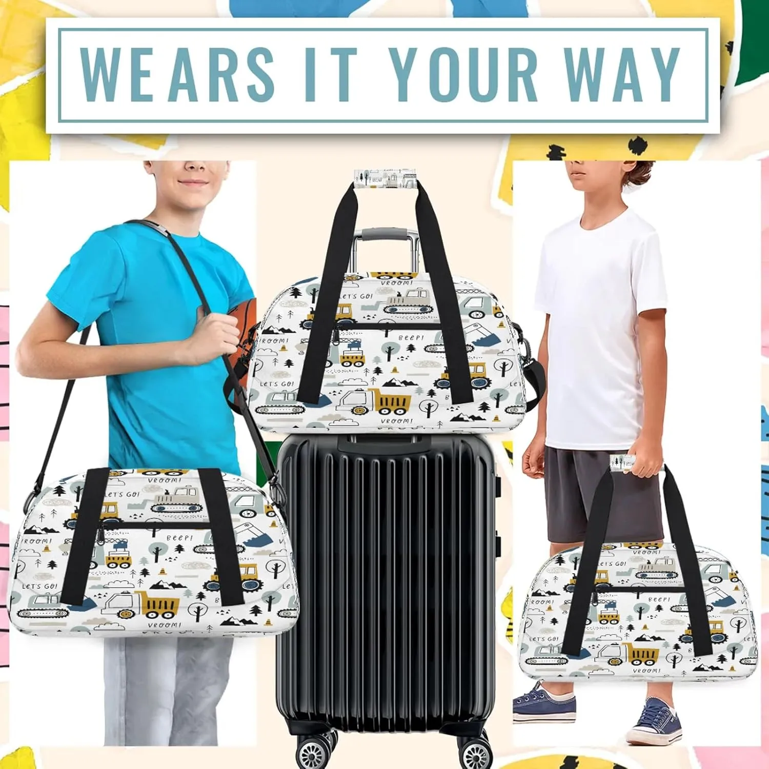 Engineering Vehicles Excavator Small Gym Bag 18 inch Carry On Duffel Bag for Weekender Travel Sports Workout Yoga Gymnastics Dance Ballet