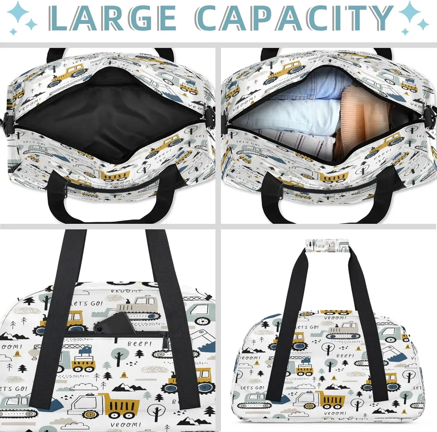 Engineering Vehicles Excavator Small Gym Bag 18 inch Carry On Duffel Bag for Weekender Travel Sports Workout Yoga Gymnastics Dance Ballet