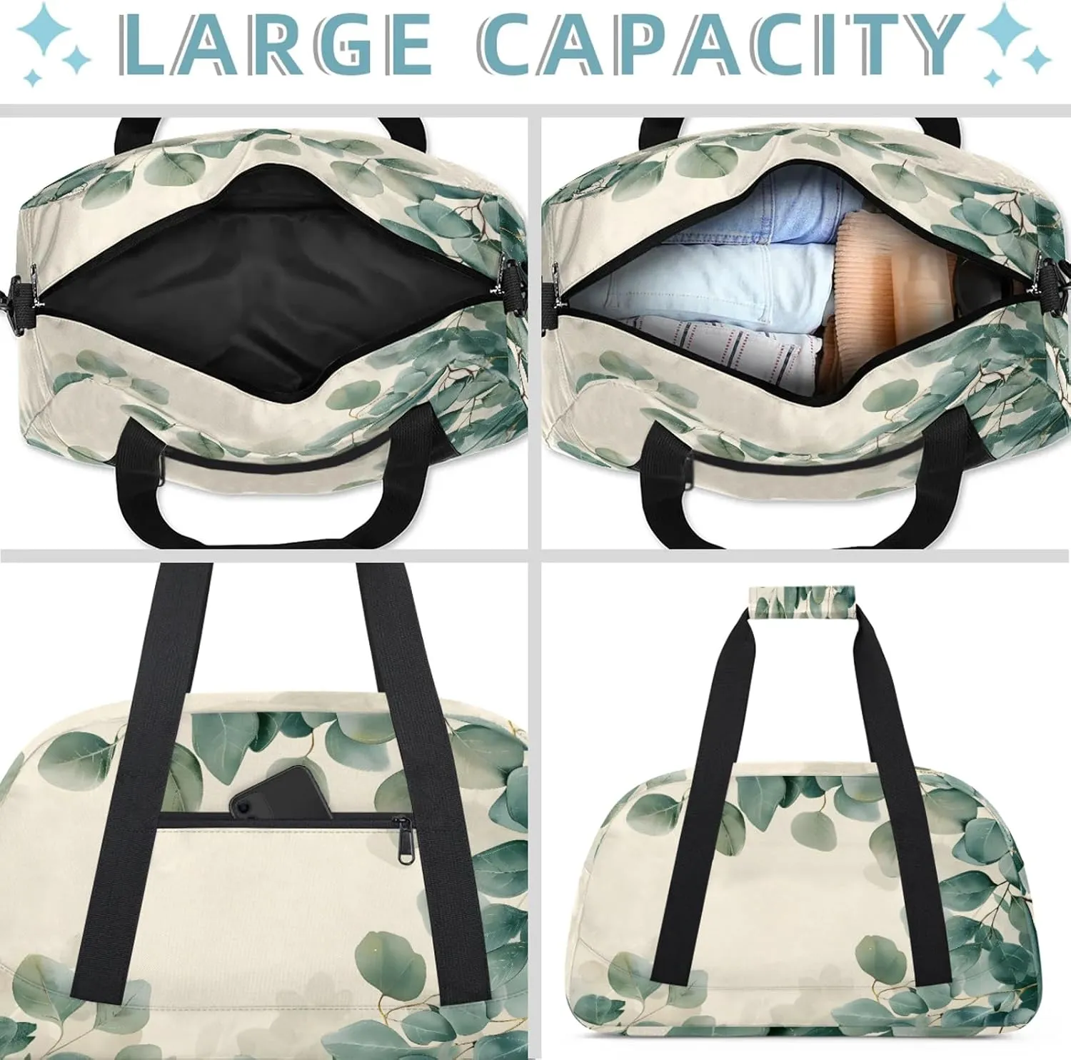 Eucalyptus Leaves Printed Small Gym Bag 18 inch Carry On Duffel Bag for Weekender Travel Sports Workout Yoga Gymnastics Dance Ballet