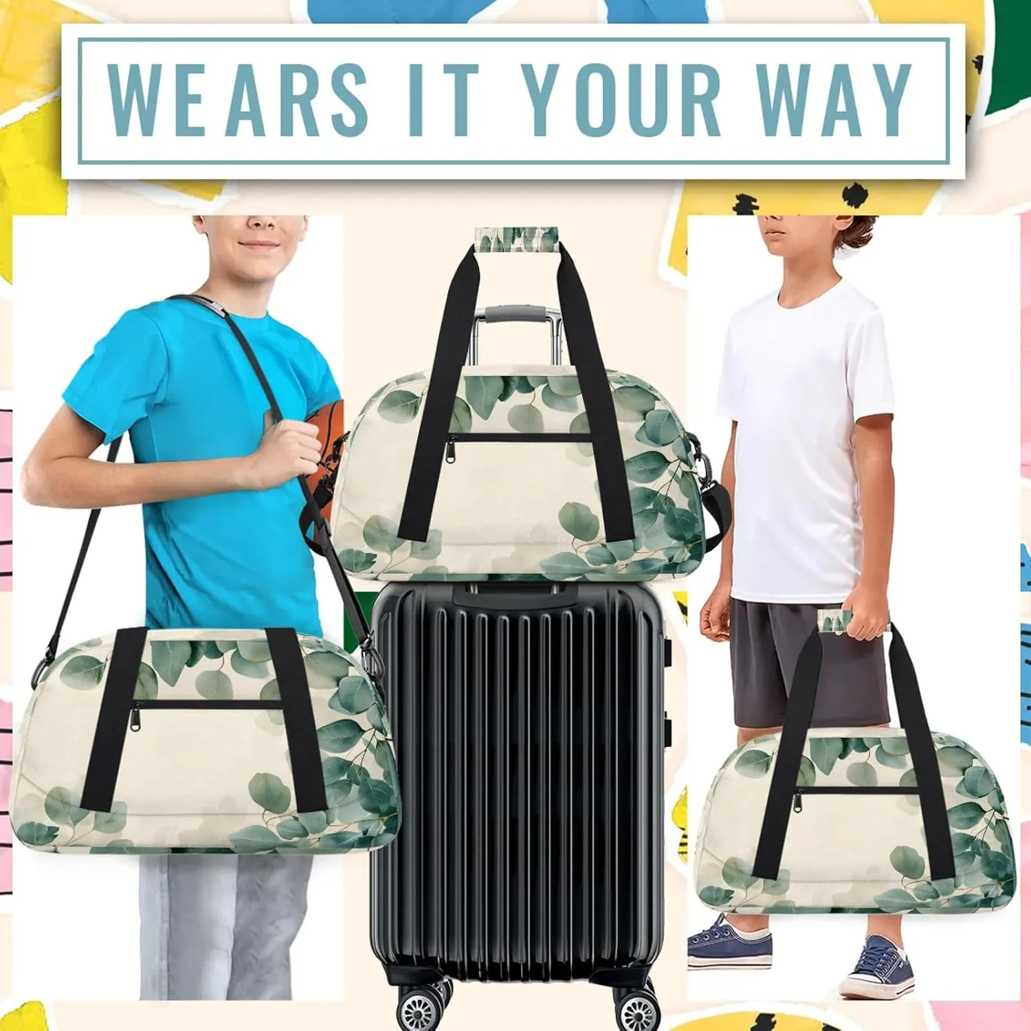 Eucalyptus Leaves Printed Small Gym Bag 18 inch Carry On Duffel Bag for Weekender Travel Sports Workout Yoga Gymnastics Dance Ballet