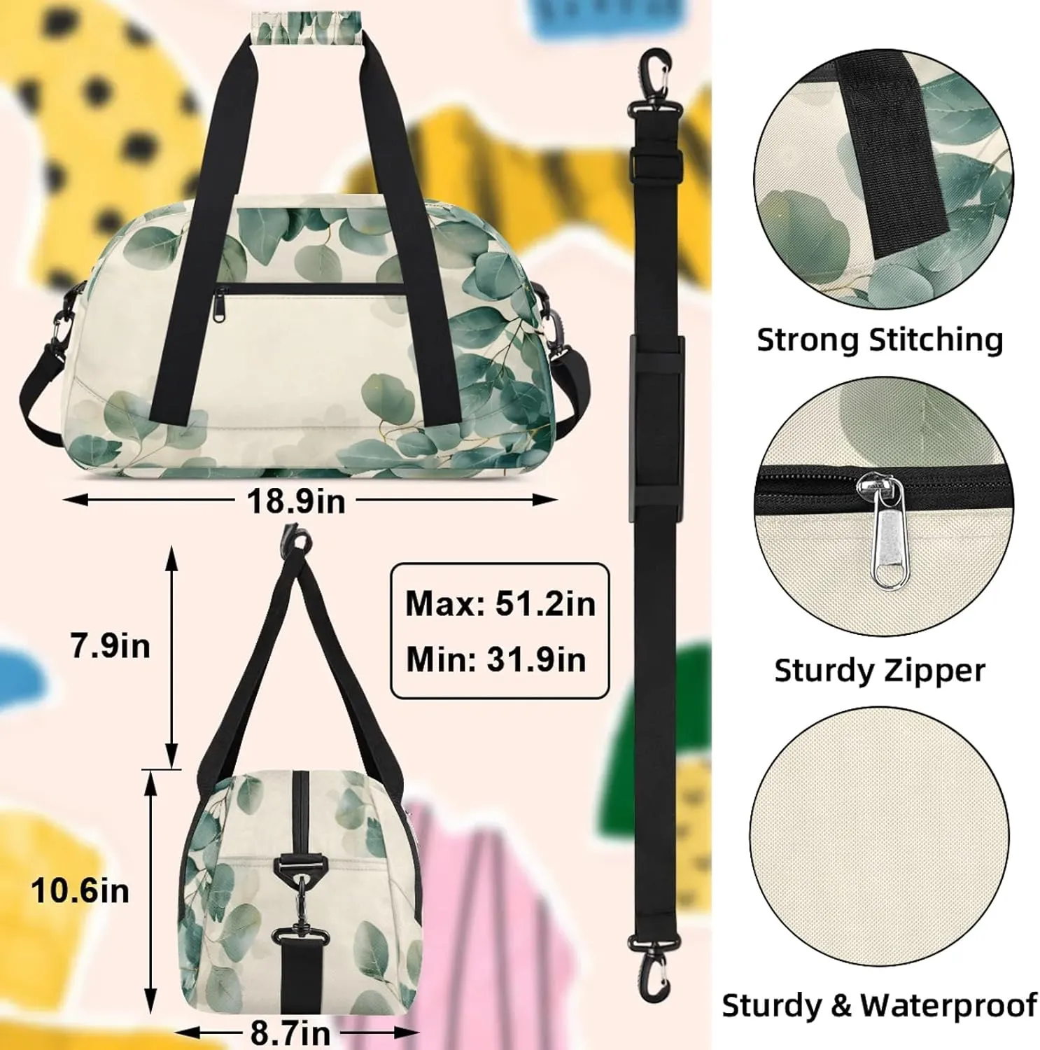 Eucalyptus Leaves Printed Small Gym Bag 18 inch Carry On Duffel Bag for Weekender Travel Sports Workout Yoga Gymnastics Dance Ballet
