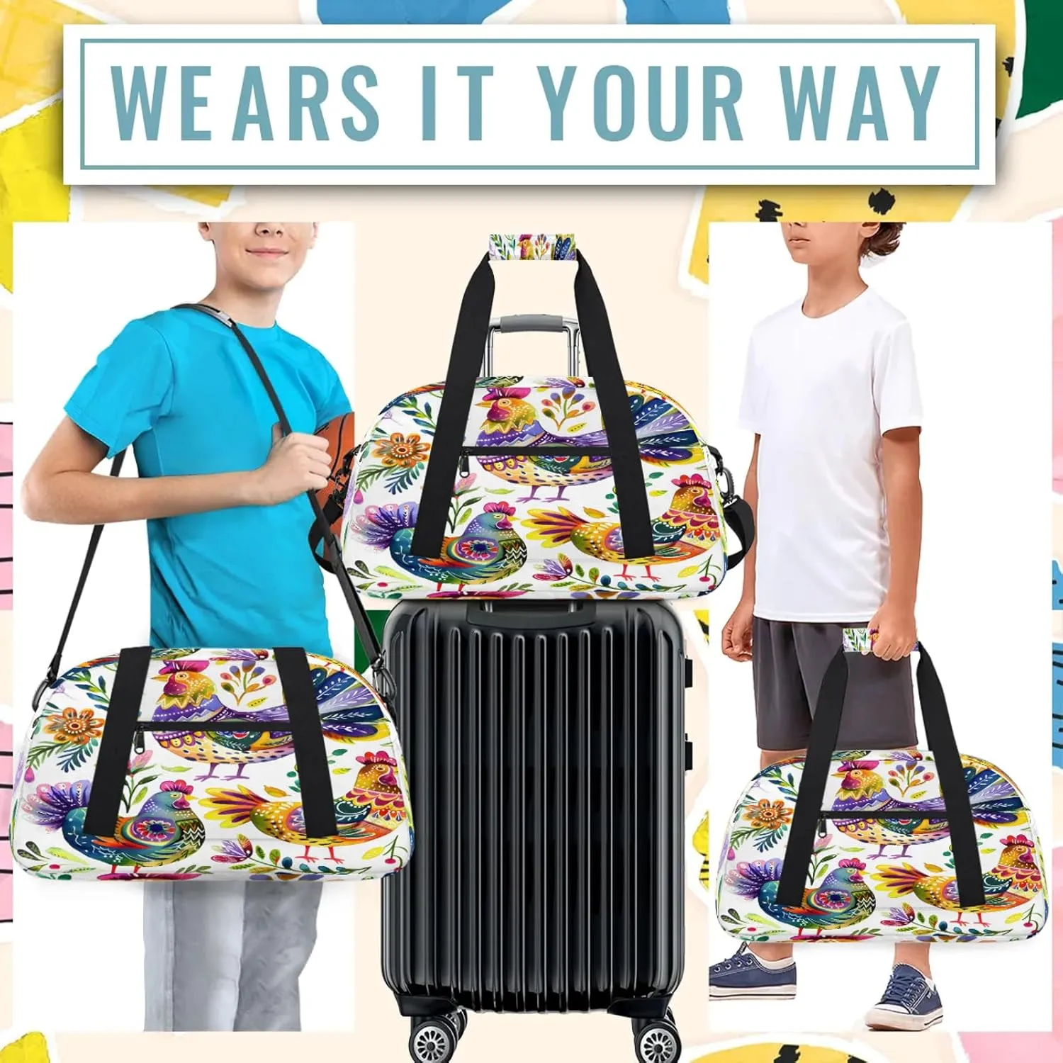 Farmhouse Chicken Rooster Small Gym Bag 18 inch Carry On Duffel Bag for Weekender Travel Sports Workout Yoga Gymnastics Dance Ballet