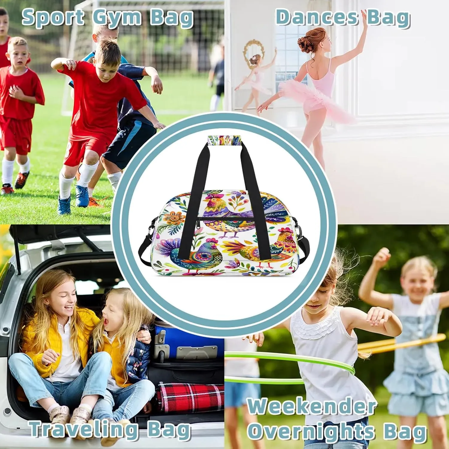 Farmhouse Chicken Rooster Small Gym Bag 18 inch Carry On Duffel Bag for Weekender Travel Sports Workout Yoga Gymnastics Dance Ballet