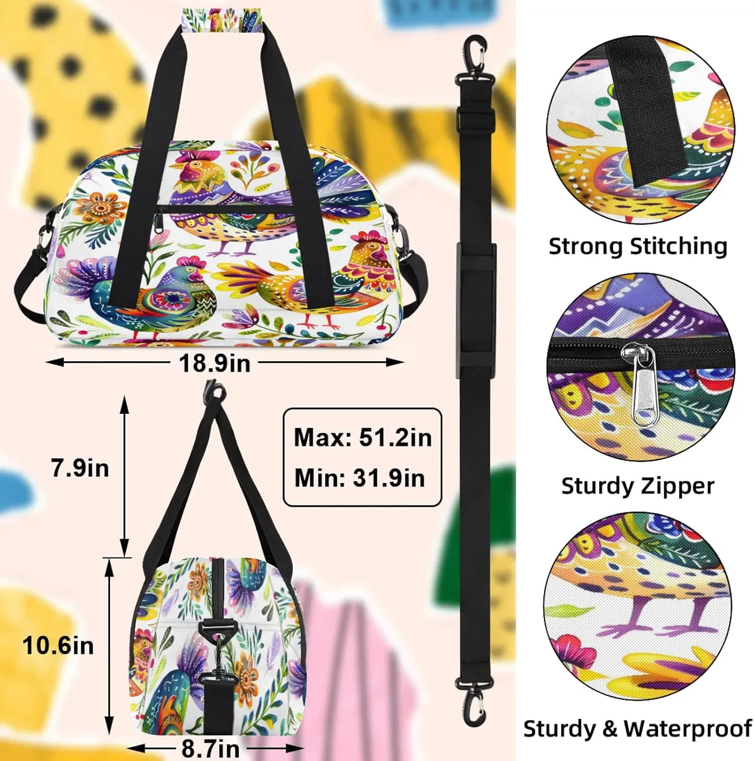 Farmhouse Chicken Rooster Small Gym Bag 18 inch Carry On Duffel Bag for Weekender Travel Sports Workout Yoga Gymnastics Dance Ballet