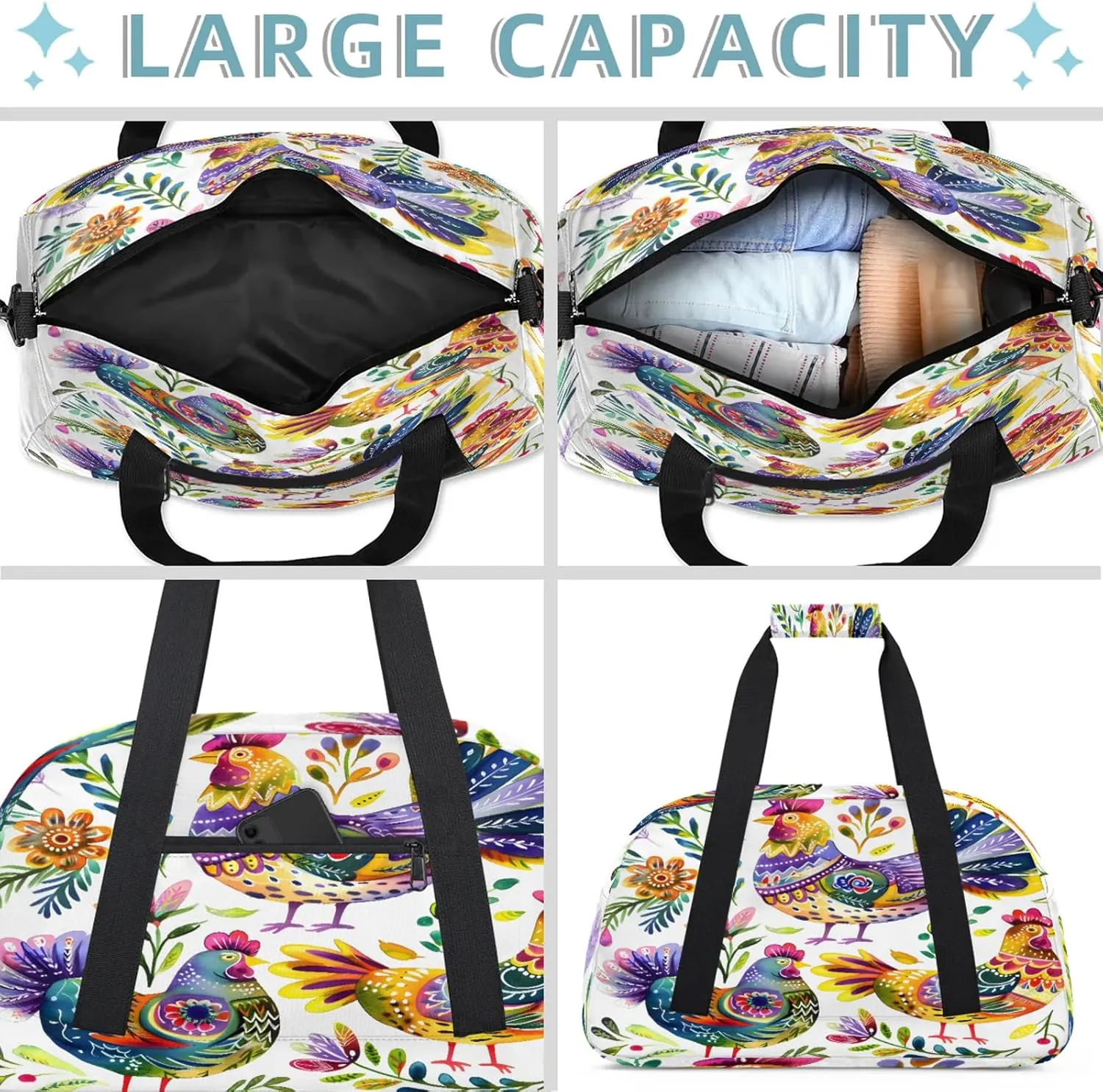 Farmhouse Chicken Rooster Small Gym Bag 18 inch Carry On Duffel Bag for Weekender Travel Sports Workout Yoga Gymnastics Dance Ballet