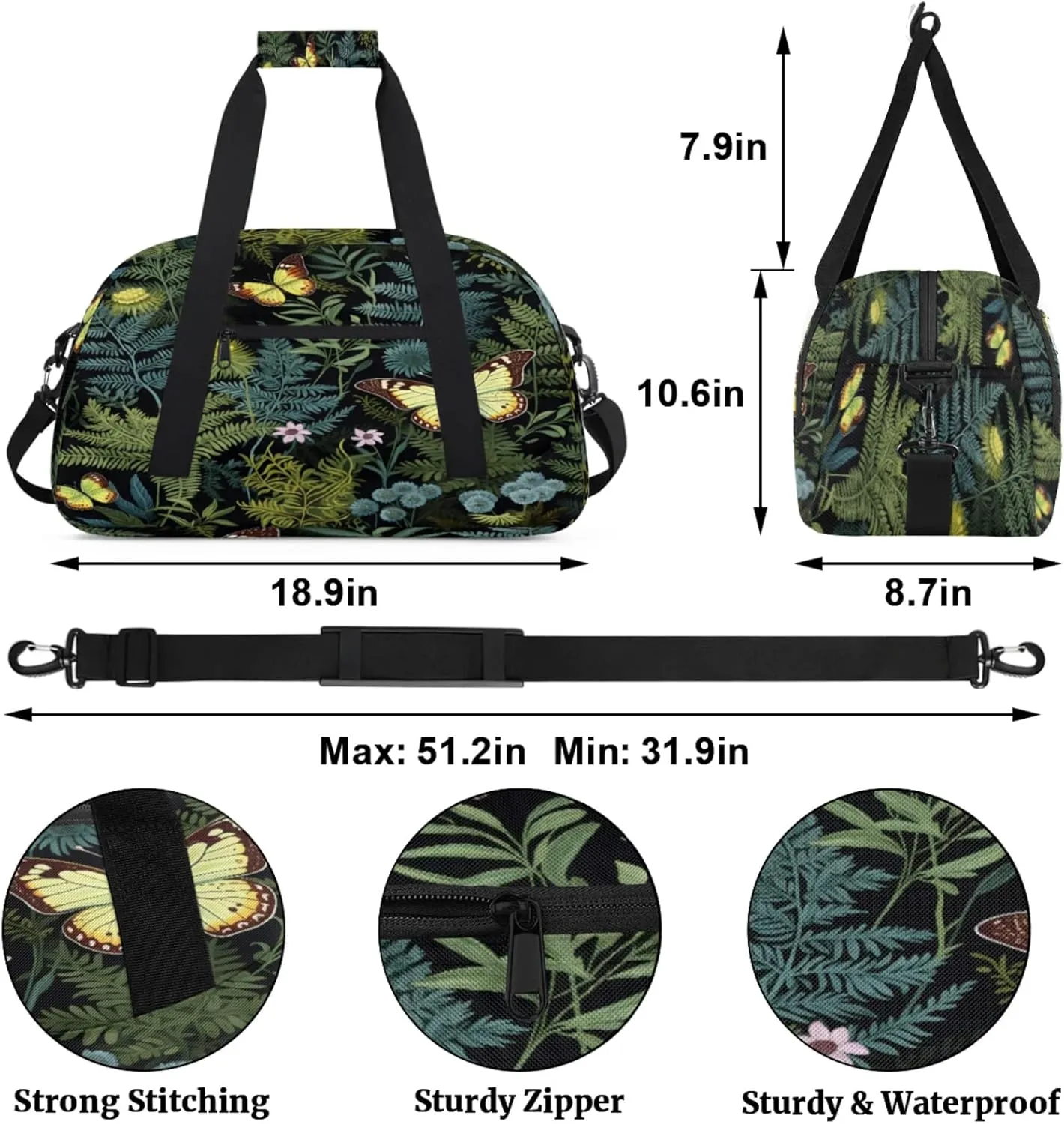 Fern Leaf Leaves Gym Bag for Women Men, Sports Travel Duffel Bag Lightweight Workout Bag Carry On Overnight Weekender Bag