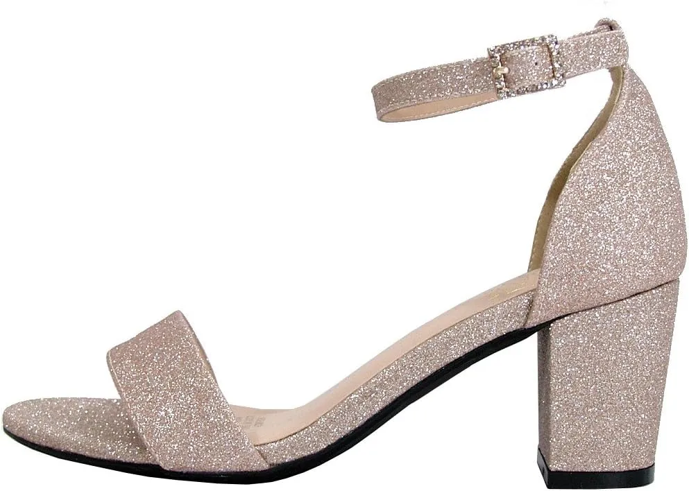 Floral Adele Women's Wide Width Satin Glitter Block Heel Ankle Strap Sandals