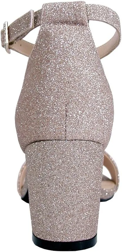 Floral Adele Women's Wide Width Satin Glitter Block Heel Ankle Strap Sandals