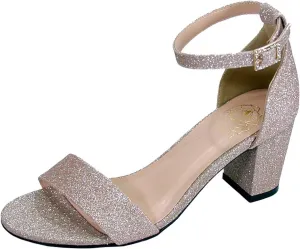 Floral Adele Women's Wide Width Satin Glitter Block Heel Ankle Strap Sandals