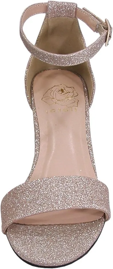 Floral Adele Women's Wide Width Satin Glitter Block Heel Ankle Strap Sandals