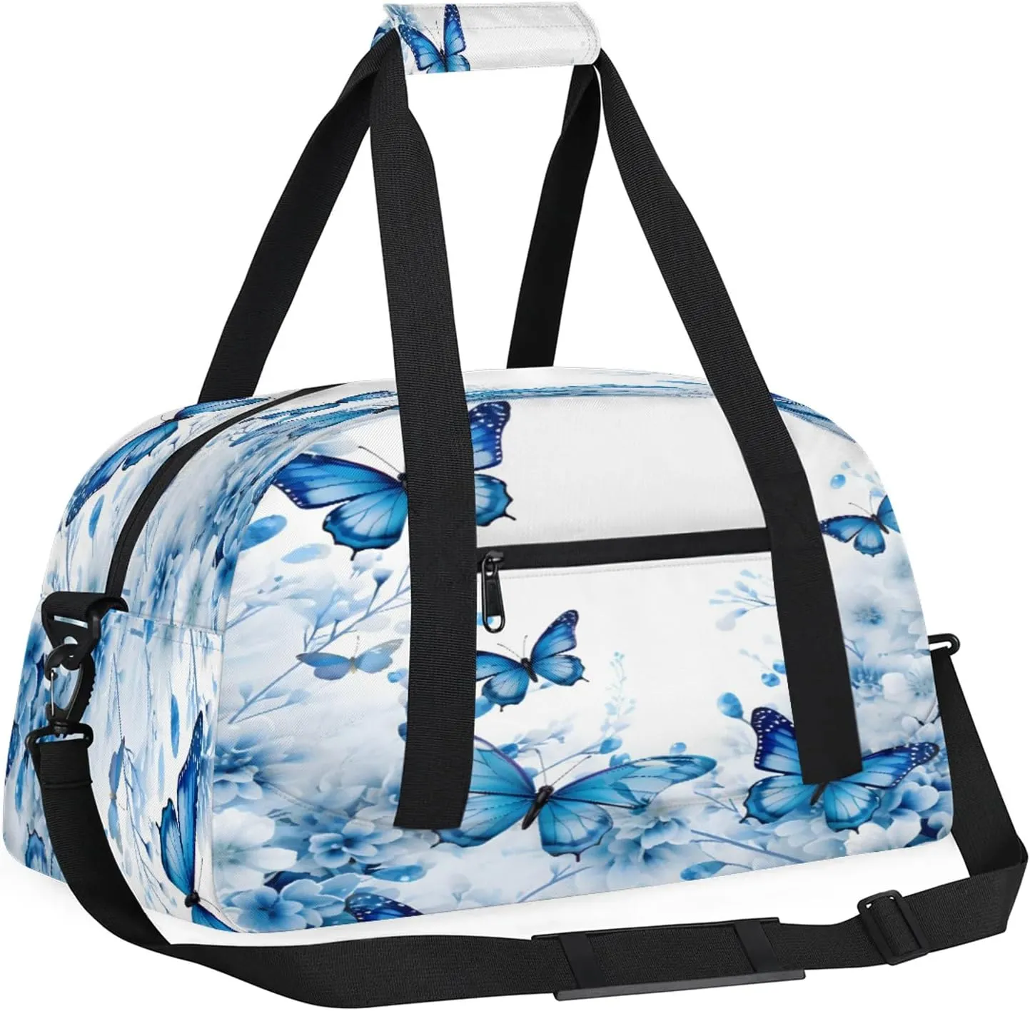 Flower Butterfly Blue Floral Small Gym Bag 18 inch Carry On Duffel Bag for Weekender Travel Sports Workout Yoga Gymnastics Dance Ballet