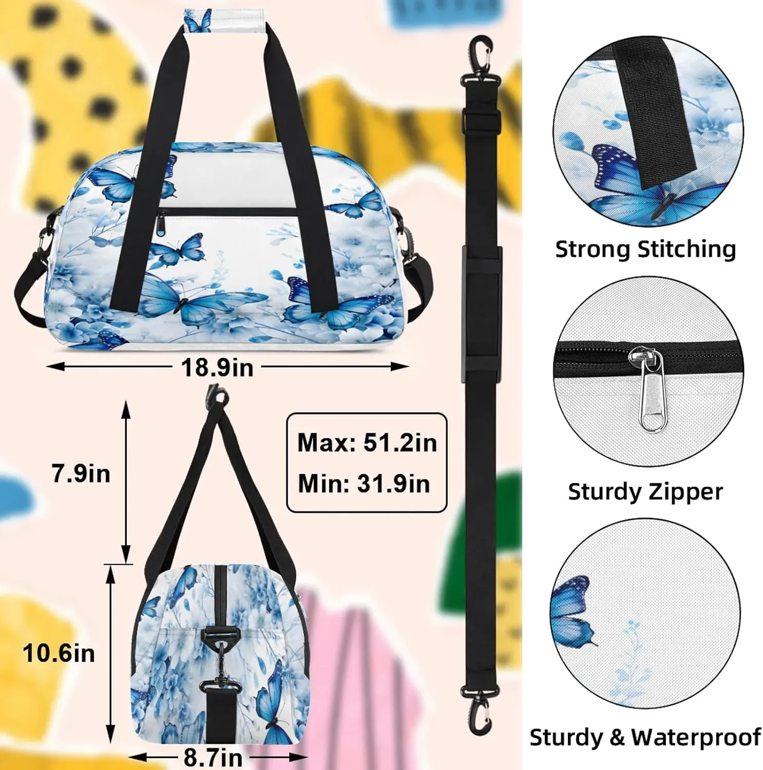 Flower Butterfly Blue Floral Small Gym Bag 18 inch Carry On Duffel Bag for Weekender Travel Sports Workout Yoga Gymnastics Dance Ballet