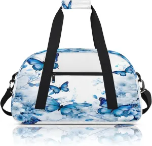 Flower Butterfly Blue Floral Small Gym Bag 18 inch Carry On Duffel Bag for Weekender Travel Sports Workout Yoga Gymnastics Dance Ballet