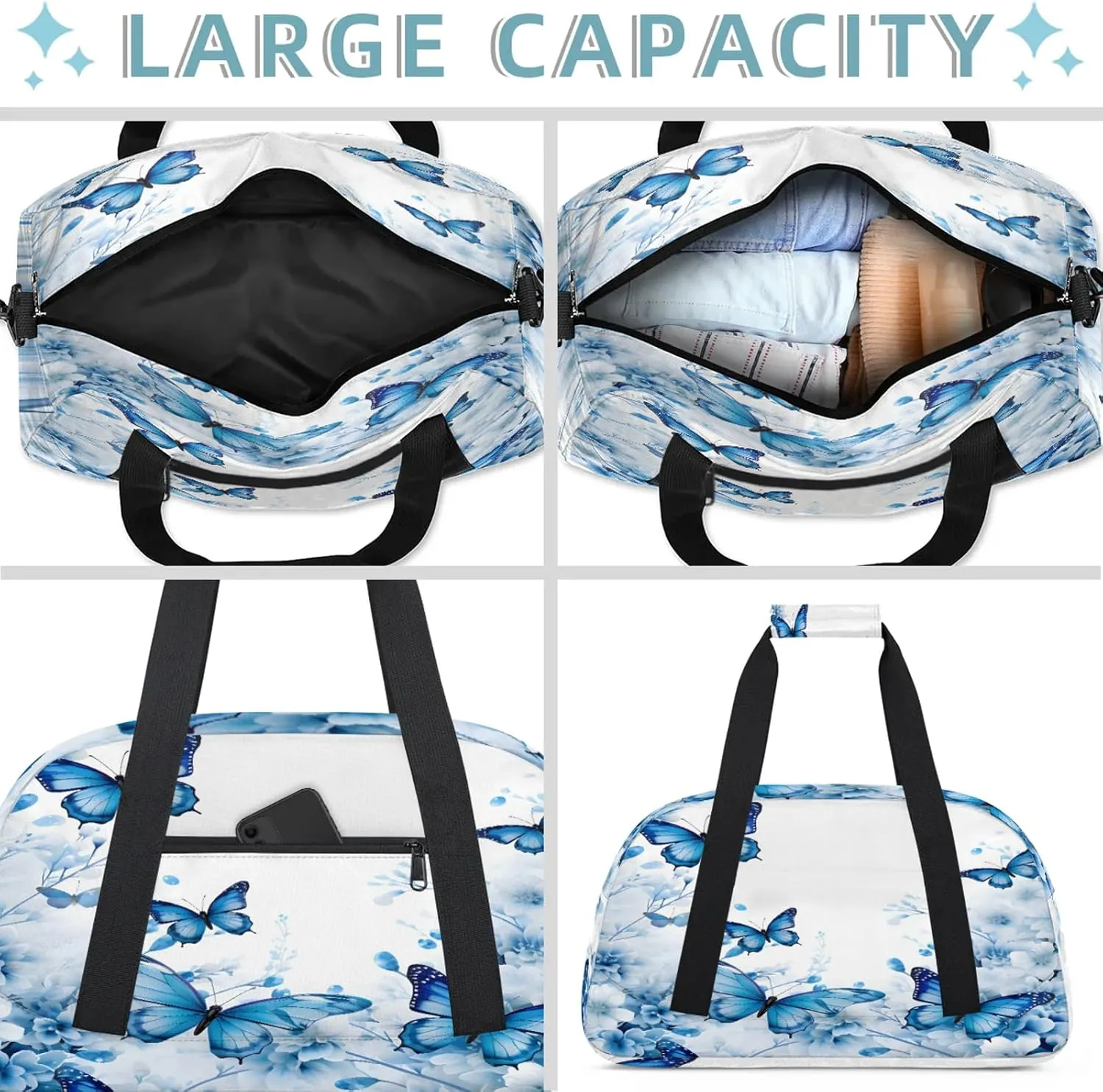 Flower Butterfly Blue Floral Small Gym Bag 18 inch Carry On Duffel Bag for Weekender Travel Sports Workout Yoga Gymnastics Dance Ballet