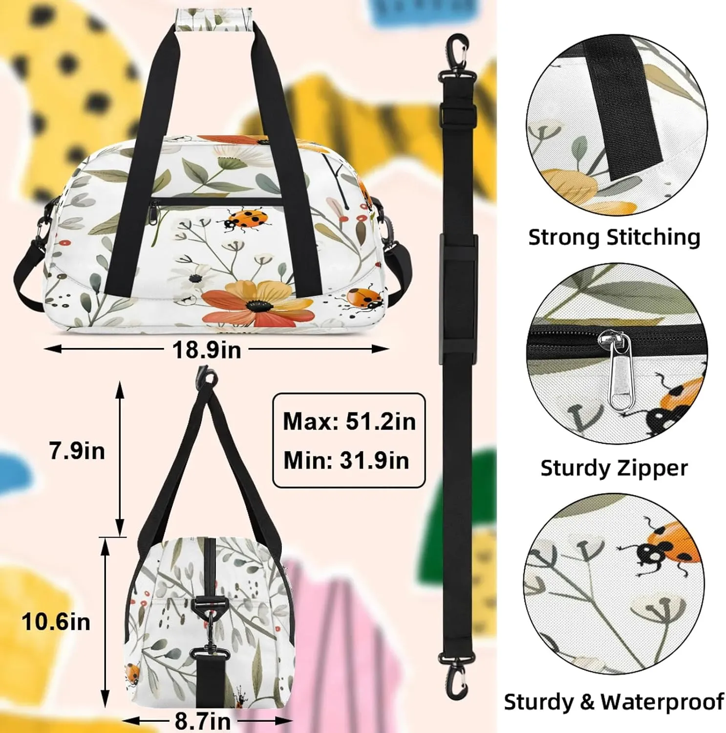 Flowers Ladybugs Small Gym Bag 18 inch Carry On Duffel Bag for Weekender Travel Sports Workout Yoga Gymnastics Dance Ballet