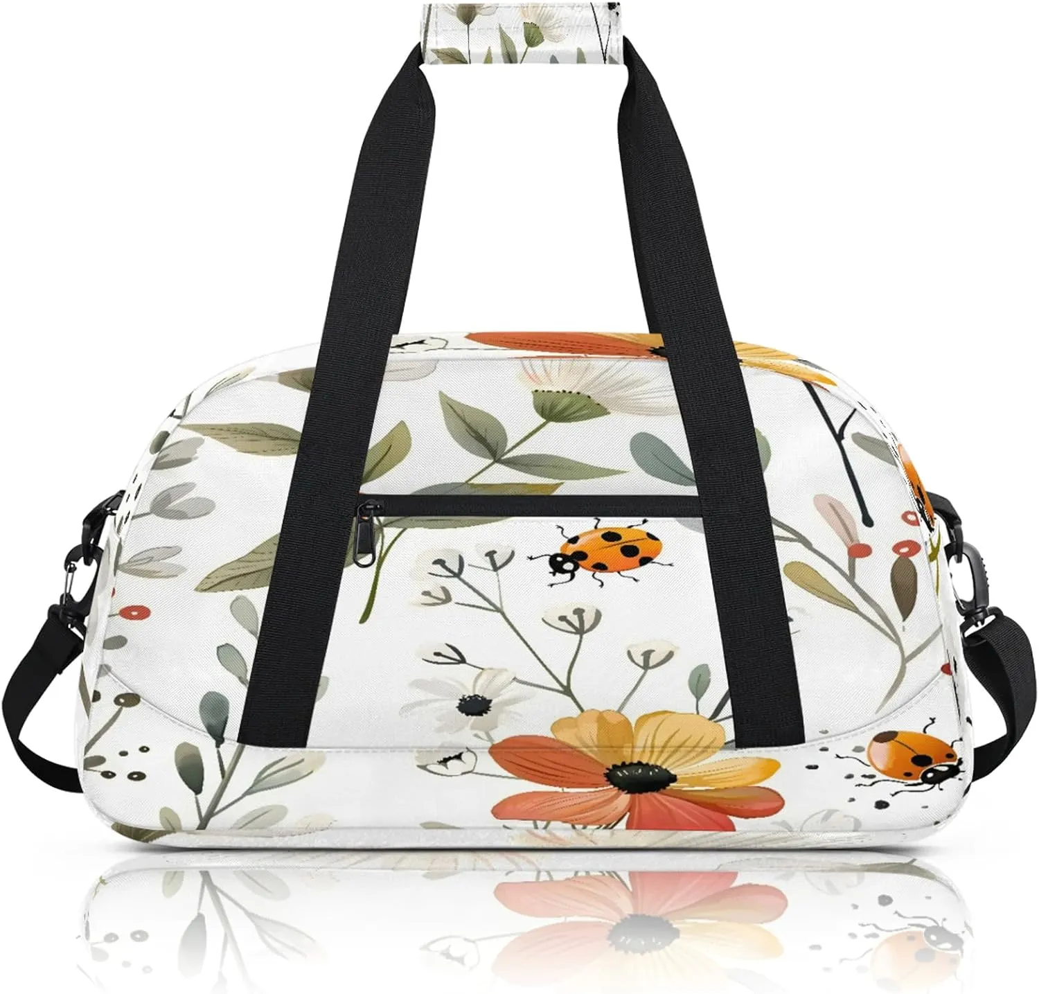 Flowers Ladybugs Small Gym Bag 18 inch Carry On Duffel Bag for Weekender Travel Sports Workout Yoga Gymnastics Dance Ballet