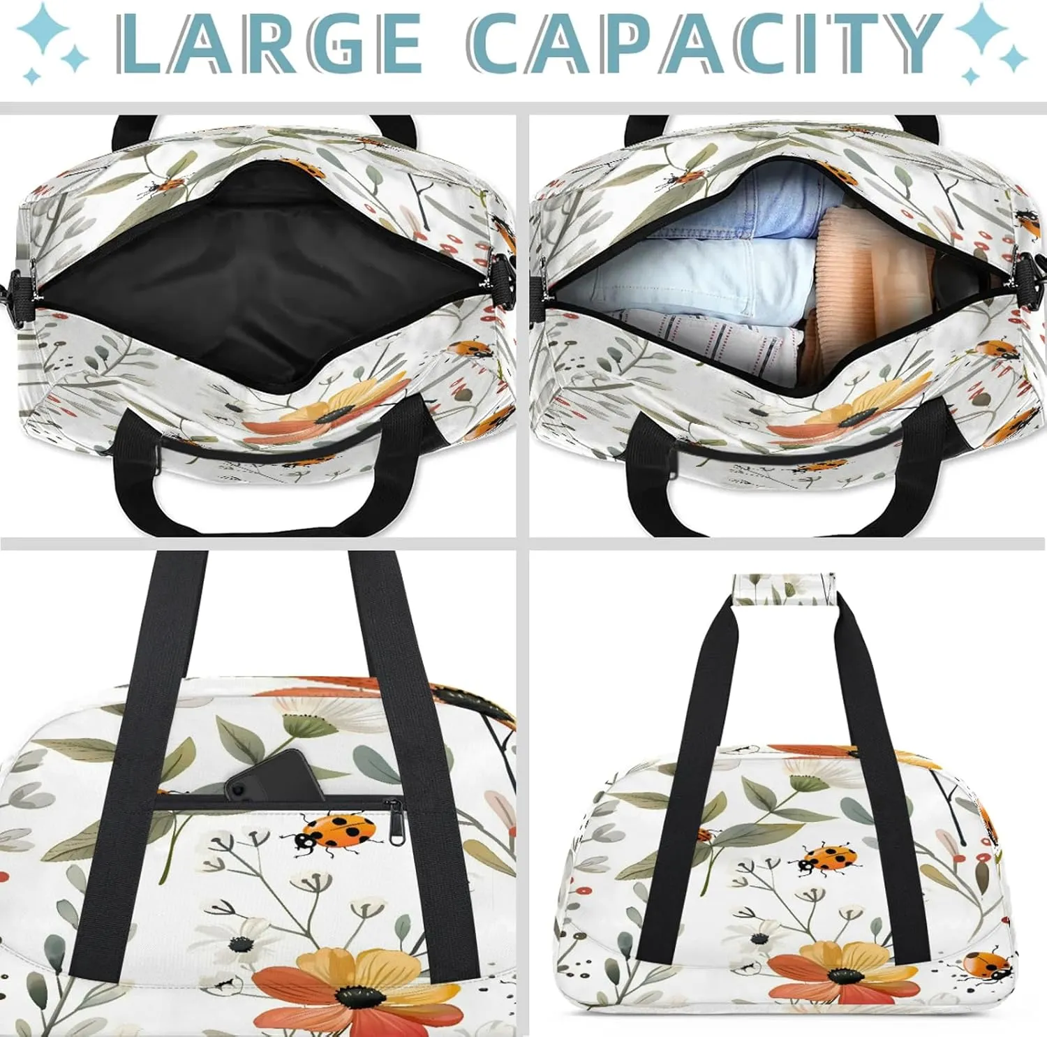 Flowers Ladybugs Small Gym Bag 18 inch Carry On Duffel Bag for Weekender Travel Sports Workout Yoga Gymnastics Dance Ballet