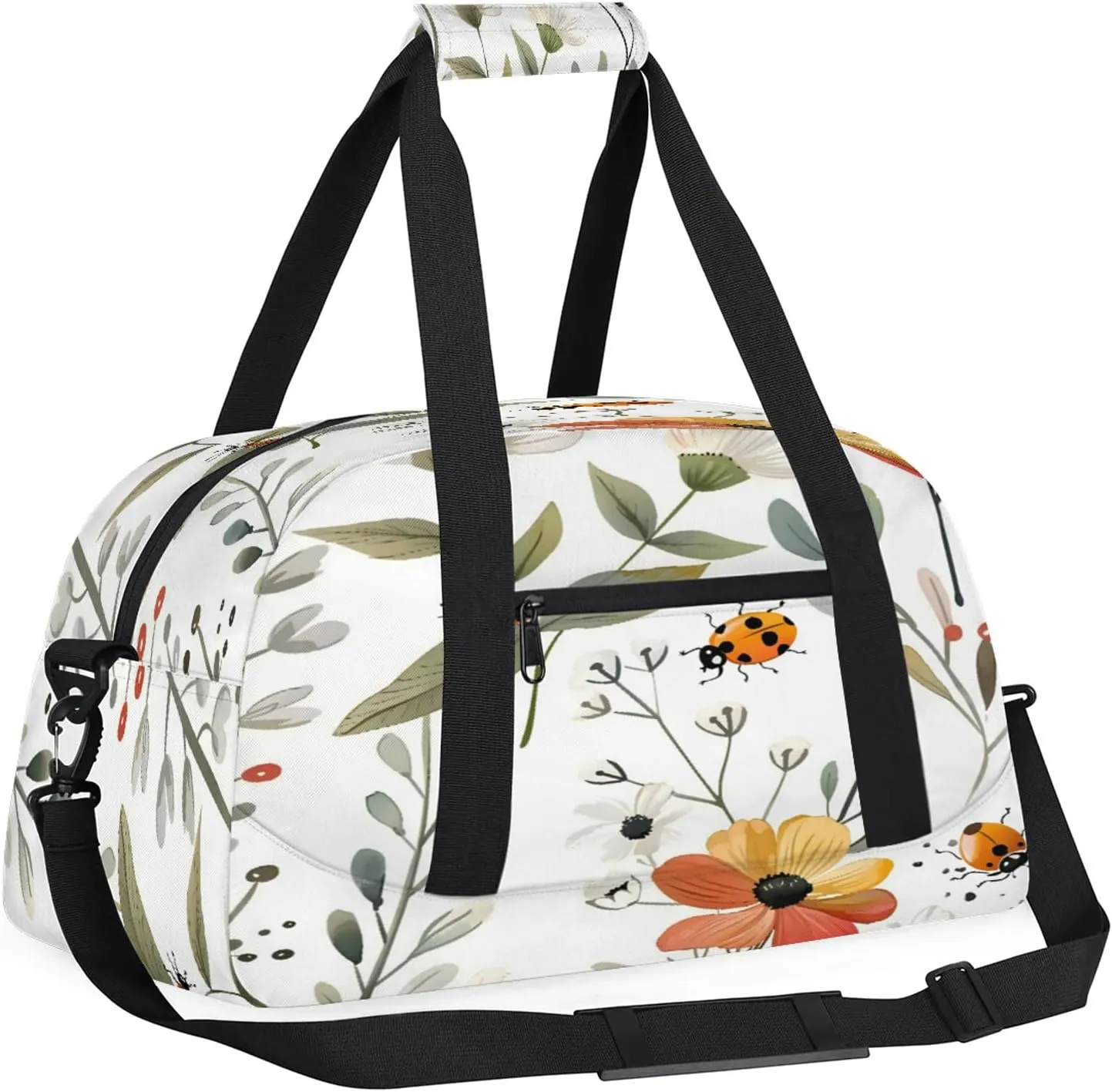 Flowers Ladybugs Small Gym Bag 18 inch Carry On Duffel Bag for Weekender Travel Sports Workout Yoga Gymnastics Dance Ballet