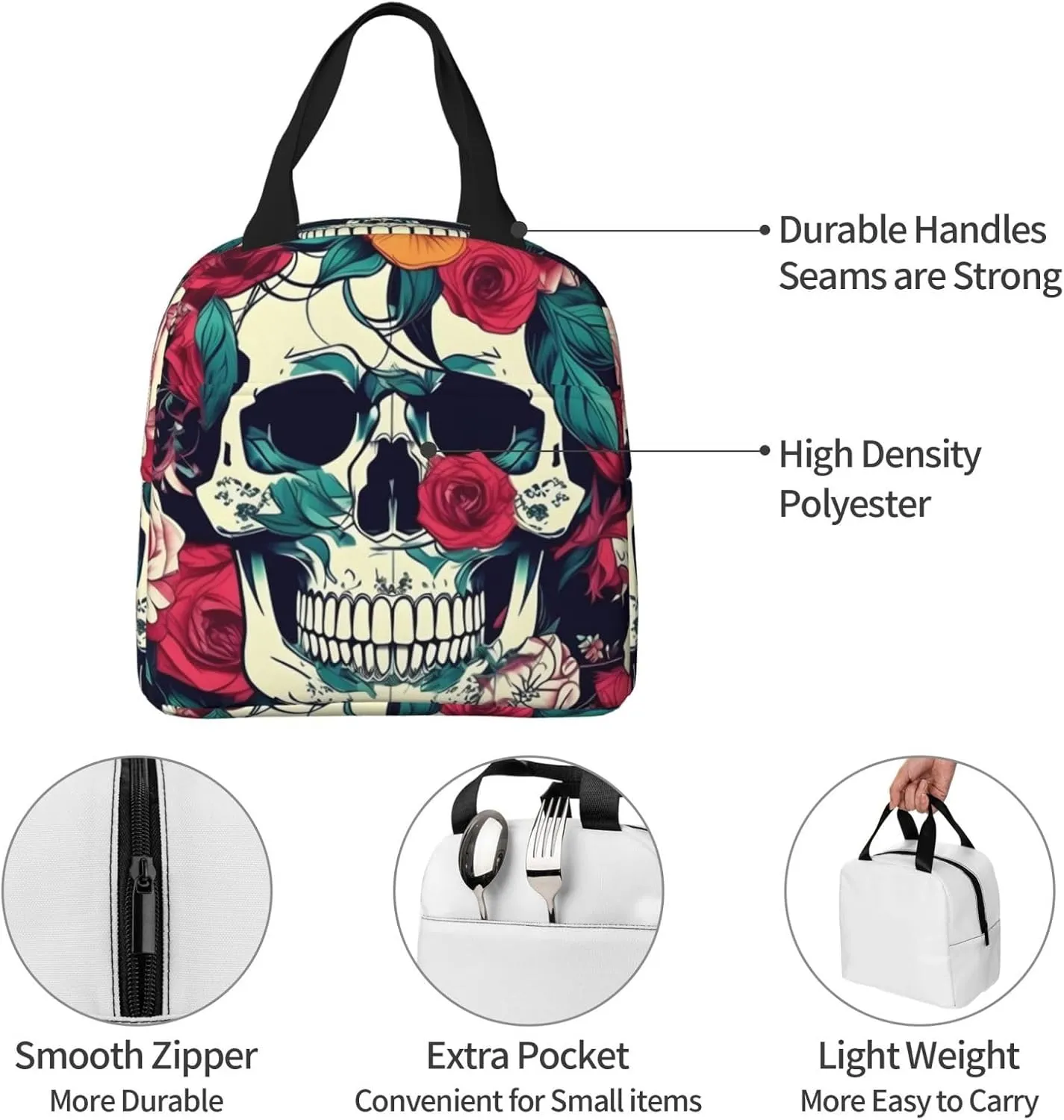 Flowers Skull Ornamental Lunch Box For Men Women Adults Bag For Office Work Picnic