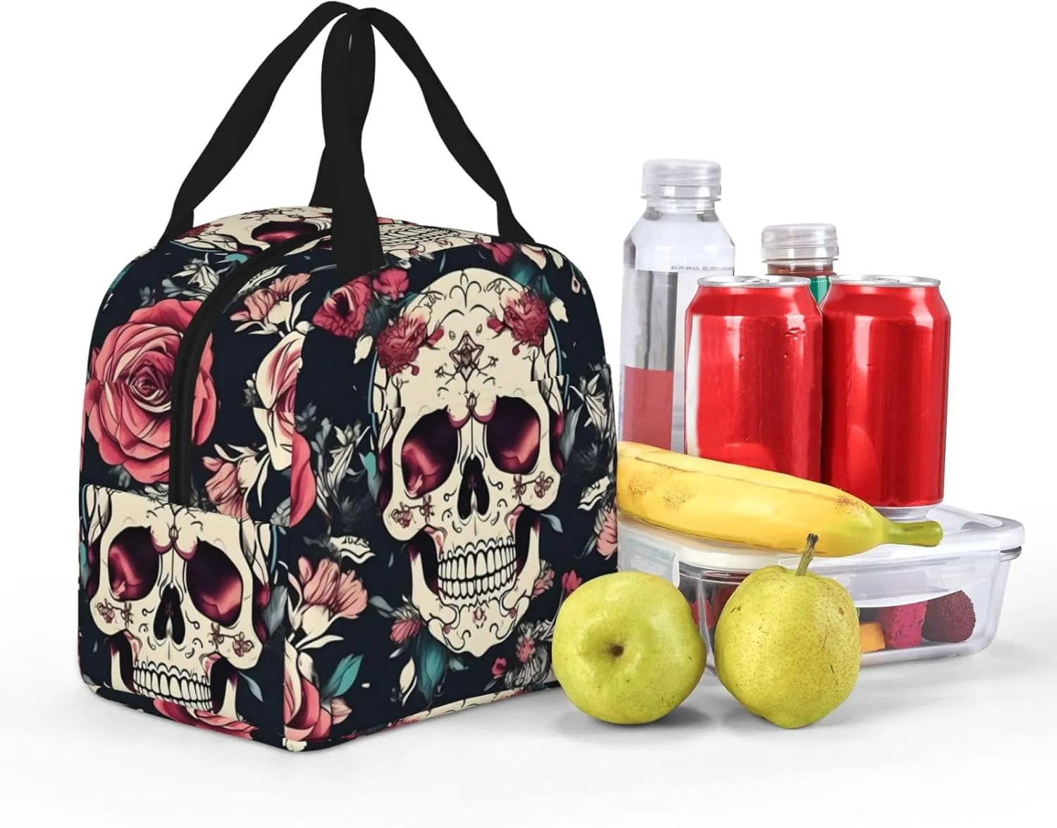 Flowers Skull Ornamental Pattern Lightweight Lunch Bag For Men Women Small Lunchbox Good For Office Days