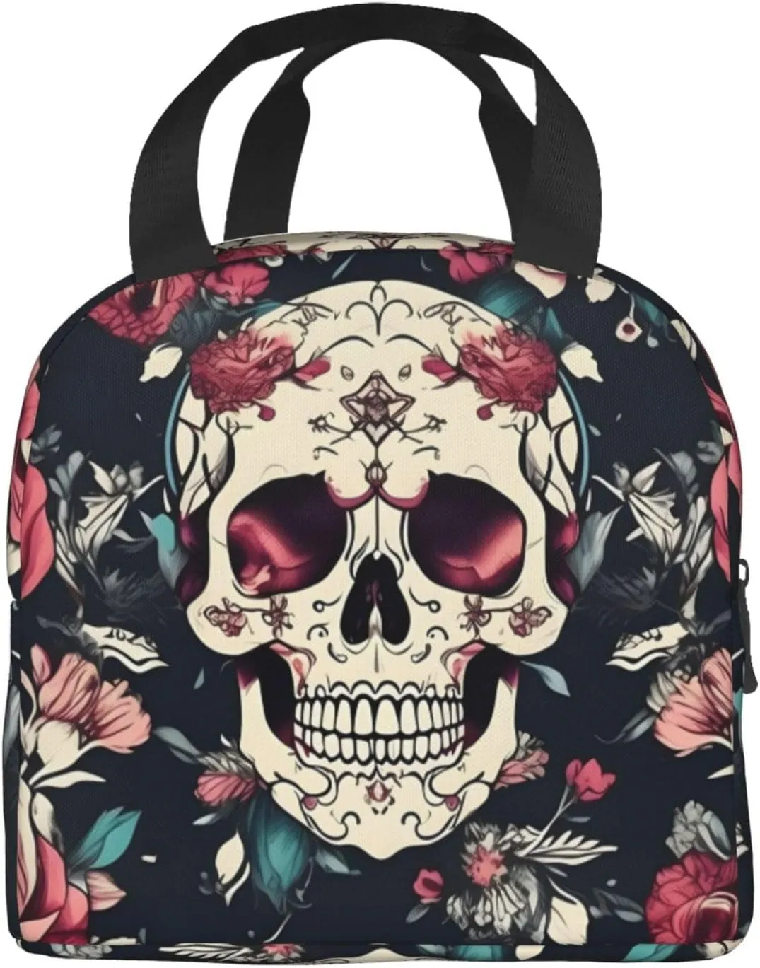 Flowers Skull Ornamental Pattern Lightweight Lunch Bag For Men Women Small Lunchbox Good For Office Days
