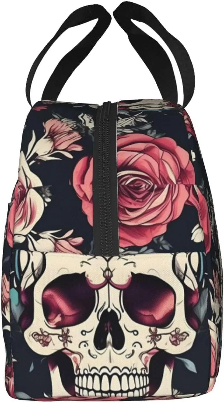 Flowers Skull Ornamental Pattern Lightweight Lunch Bag For Men Women Small Lunchbox Good For Office Days