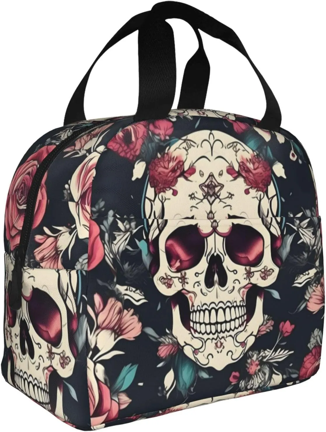 Flowers Skull Ornamental Pattern Lightweight Lunch Bag For Men Women Small Lunchbox Good For Office Days