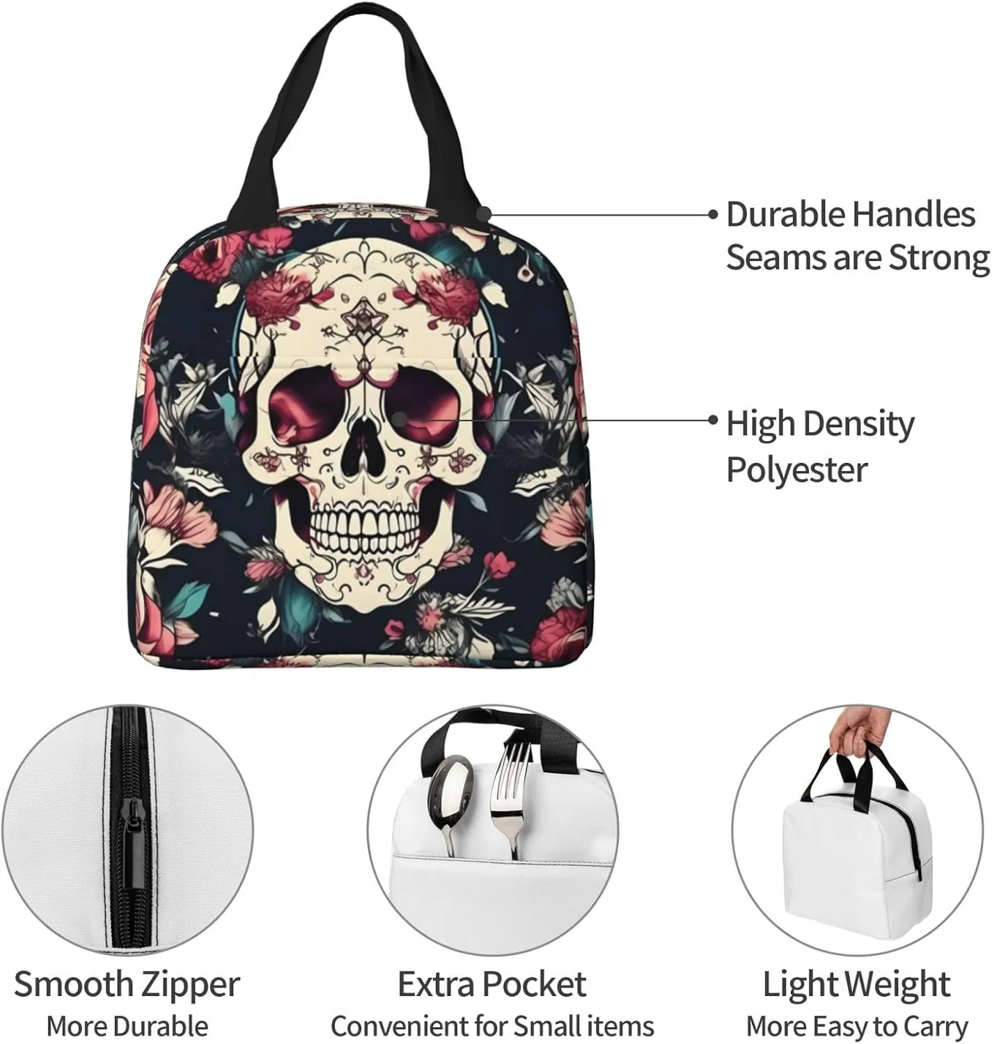 Flowers Skull Ornamental Pattern Lightweight Lunch Bag For Men Women Small Lunchbox Good For Office Days