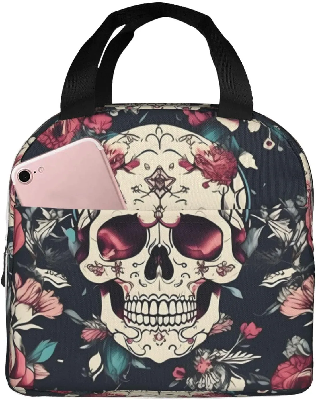 Flowers Skull Ornamental Pattern Lightweight Lunch Bag For Men Women Small Lunchbox Good For Office Days