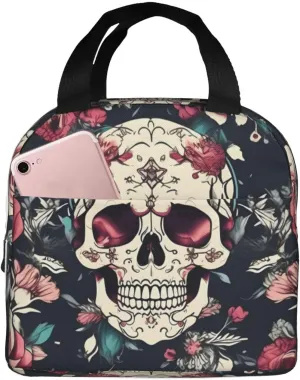 Flowers Skull Ornamental Pattern Lightweight Lunch Bag For Men Women Small Lunchbox Good For Office Days