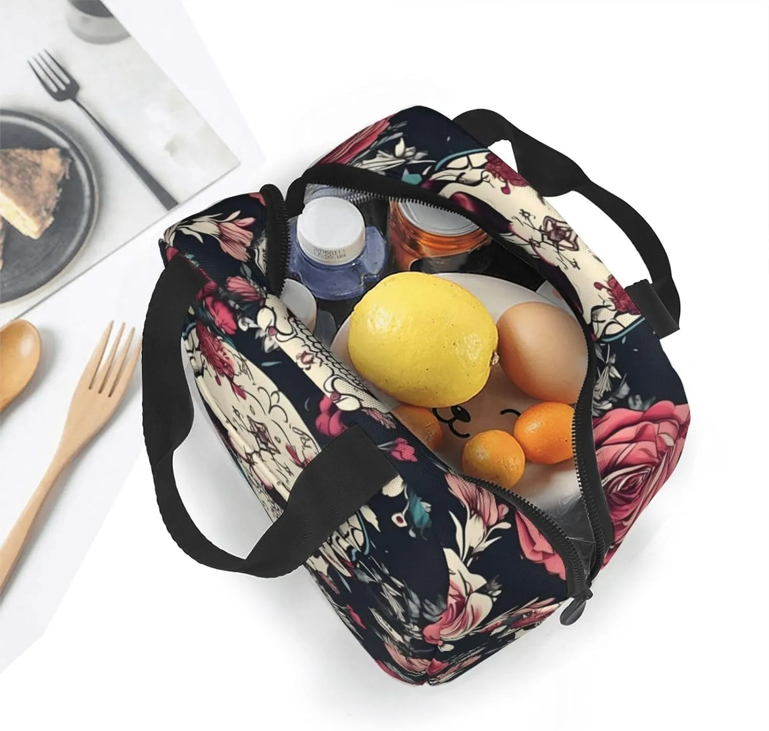 Flowers Skull Ornamental Pattern Lightweight Lunch Bag For Men Women Small Lunchbox Good For Office Days