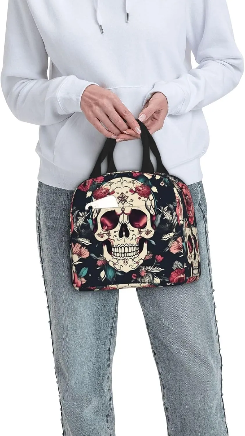 Flowers Skull Ornamental Pattern Lightweight Lunch Bag For Men Women Small Lunchbox Good For Office Days