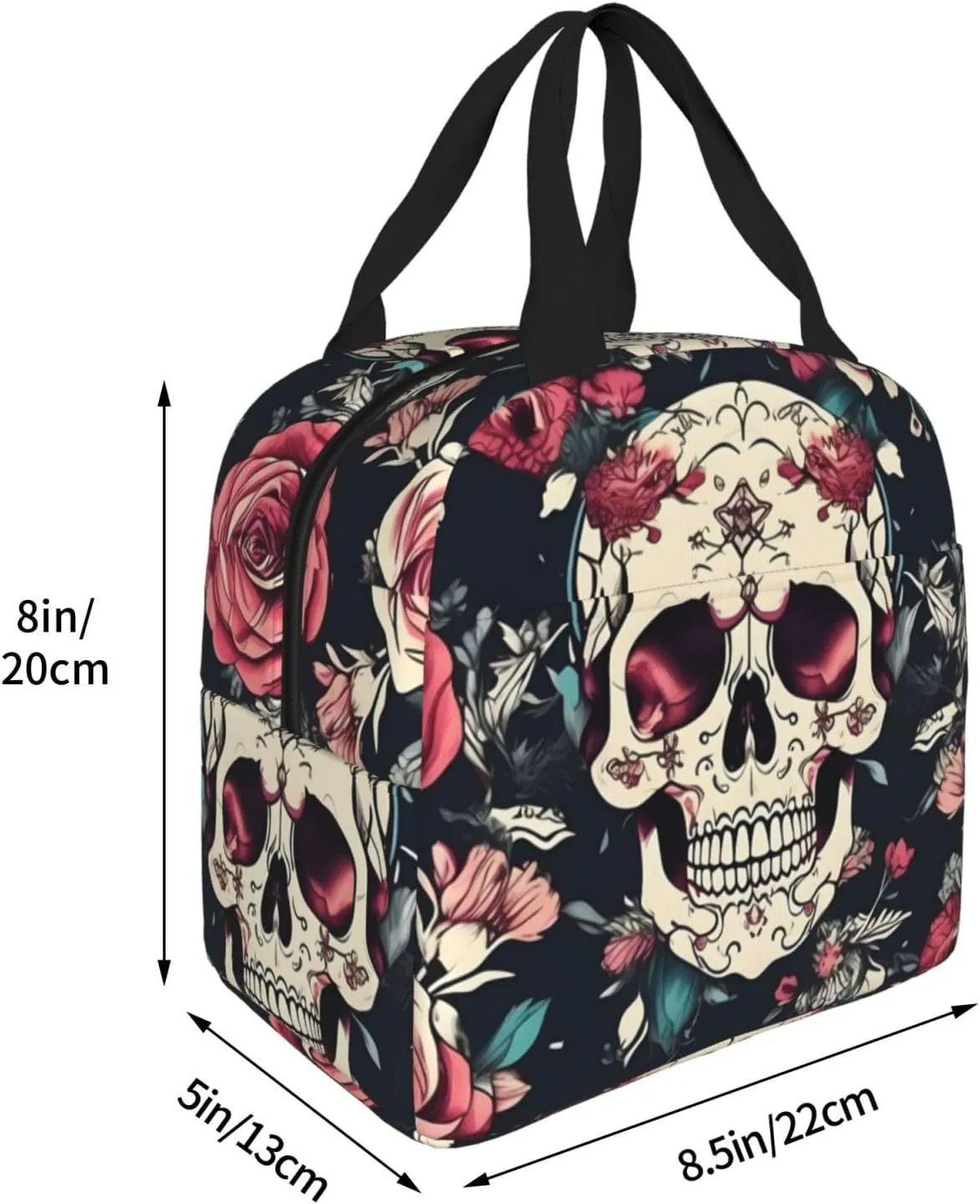 Flowers Skull Ornamental Pattern Lightweight Lunch Bag For Men Women Small Lunchbox Good For Office Days