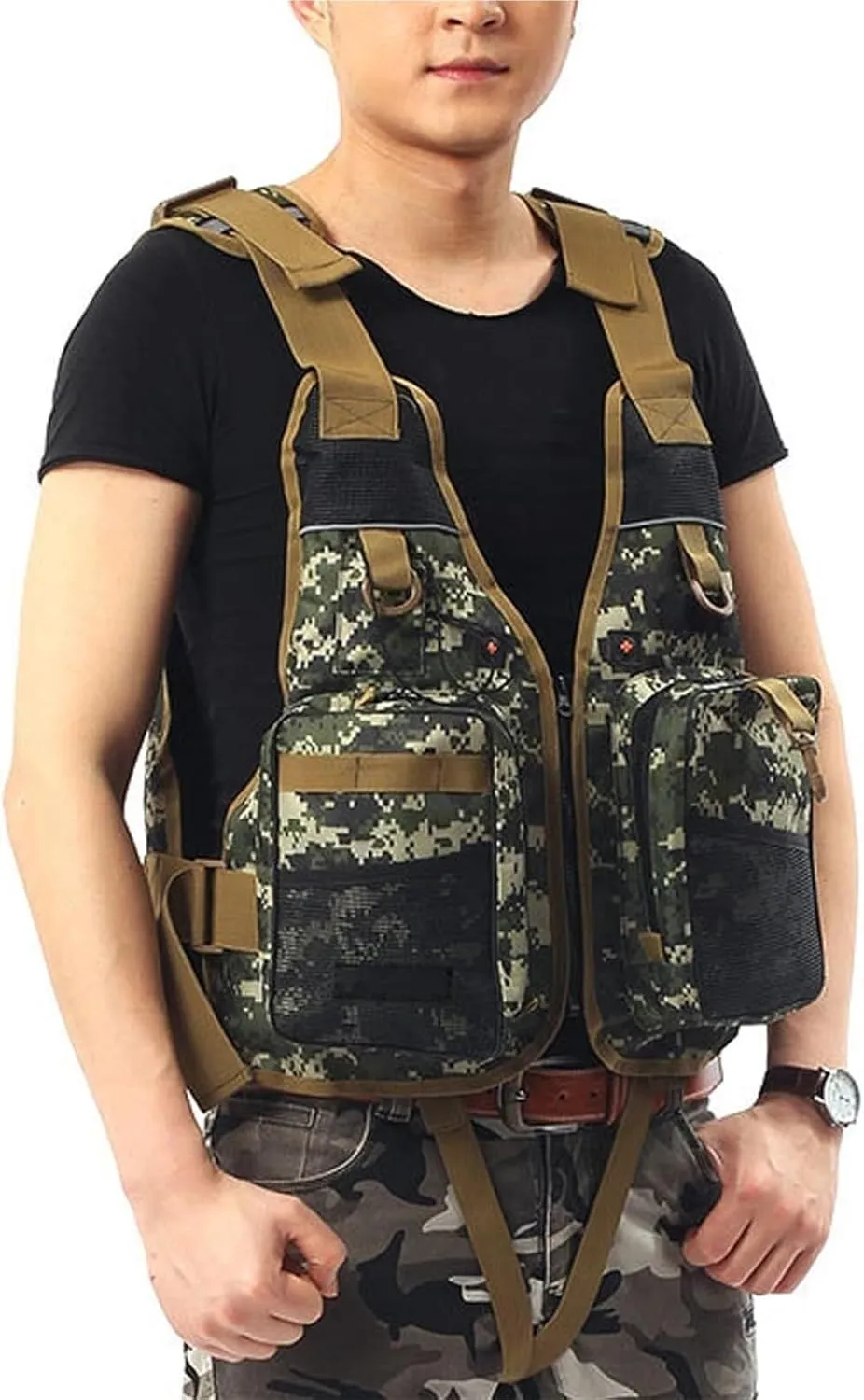 Fly Fishing Vest, Fishing Hunting Waistcoat with Cross Strap and Whistle