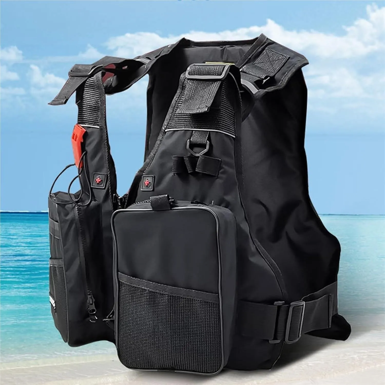 Fly Fishing Vest, Fishing Hunting Waistcoat with Cross Strap and Whistle