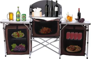 Foldable Aluminum Picnic Table with Cloth Covers Portable Camping Cooking Storage Rack Kitchen Station Tool 2 Side Tables for Outdoor Picnic Camping Hiking Fishing Brown(69.3*18.4*43.3inch)